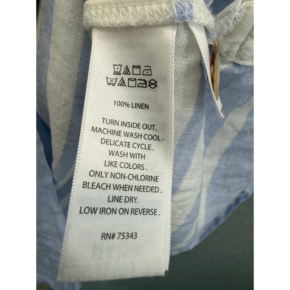 Sigrid Olsen Tunic Top Womens Medium White Blue Striped Linen 3/4 Sleeve‎ V-Neck
